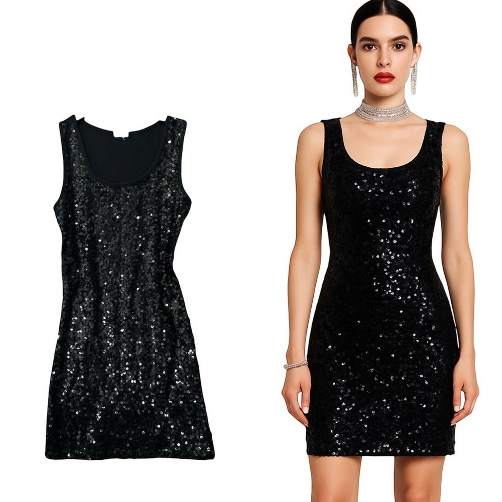 Womens Black Sequin Sleeveless Bodycon Cocktail Dress Size 0 90's Clubwear‎ Glam